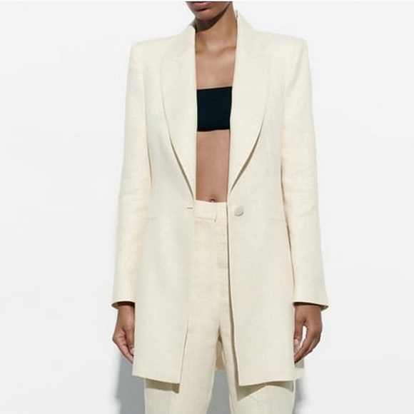 Zara Jackets & Blazers - NEW Zara Metallic Thread Long Blazer Dress Cream